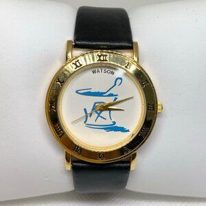 Vintage Watson gold tone watch 33mm round case quartz black leather running